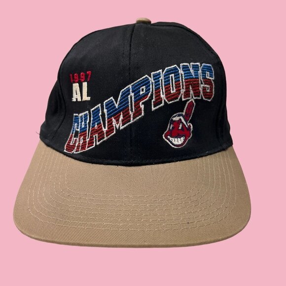 Vintage‎ 90s Cleveland Indians Hat Cap Snap Back Mens Black Brown Wahoo Baseball - Picture 1 of 7